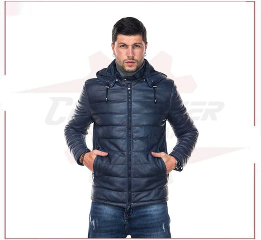 Berlino - Men's Down Jacket in Genuine Blue Leather CROSSOVER RACEWEARS