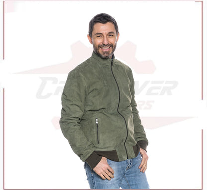 Victor - Men's Bomber Jacket in Genuine Green Suede Leather CROSSOVER RACEWEARS