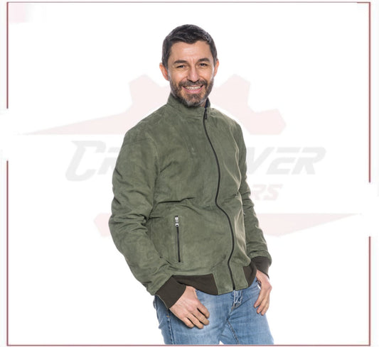 Victor - Men's Bomber Jacket in Genuine Green Suede Leather CROSSOVER RACEWEARS
