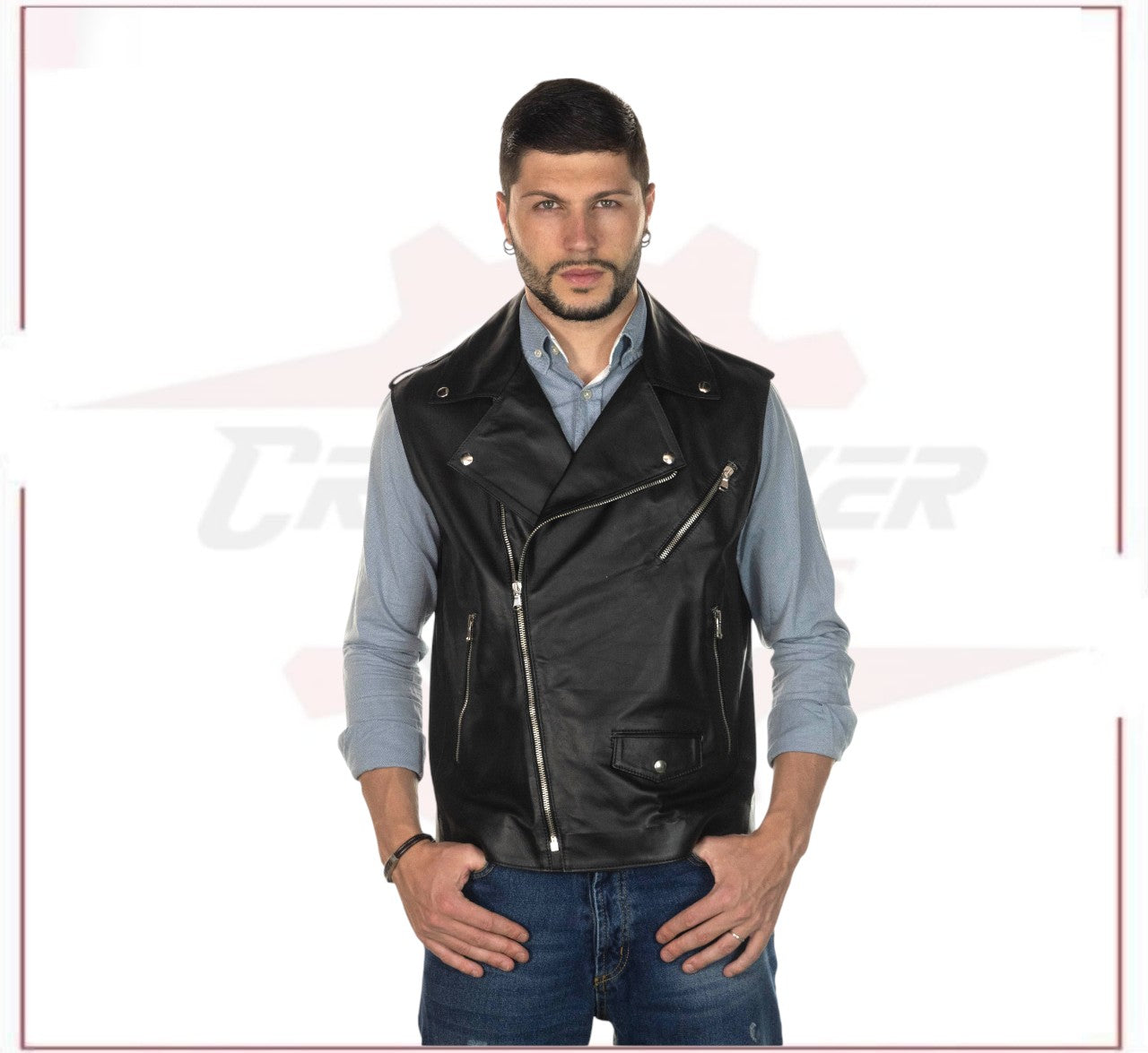 Filippo - Men's Vest in Genuine Black Leather CROSSOVER RACEWEARS