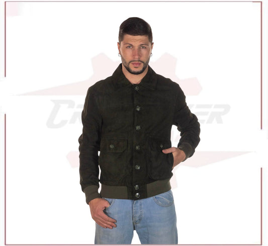 U03 - Men's Bomber Jacket in Genuine Green Suede Leather CROSSOVER RACEWEARS