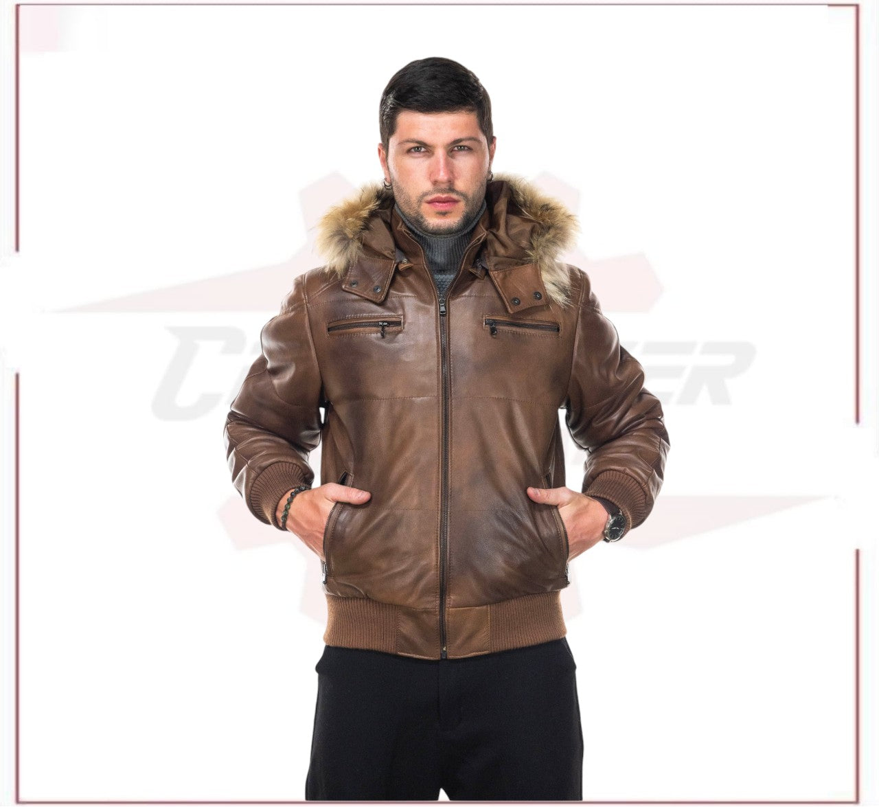 Boston - Men's Down Jacket in Genuine Brown Leather CROSSOVER RACEWEARS