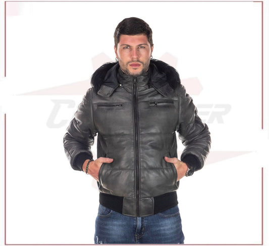 Boston - Men's Down Jacket in Genuine Grey Leather CROSSOVER RACEWEARS