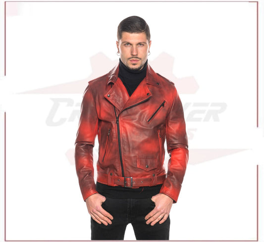 Men's jacket Red Buffered Effect in Genuine Leather CROSSOVER RACEWEARS