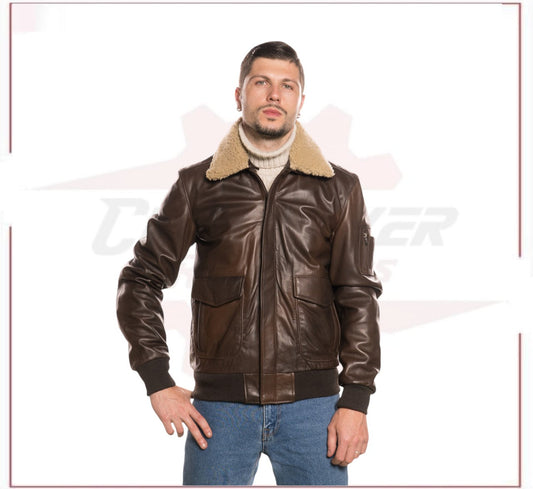 Pilota - Men's Bomber Jacket in Genuine Dark Brown Leather with Real Brown Shearling Collar CROSSOVER RACEWEARS