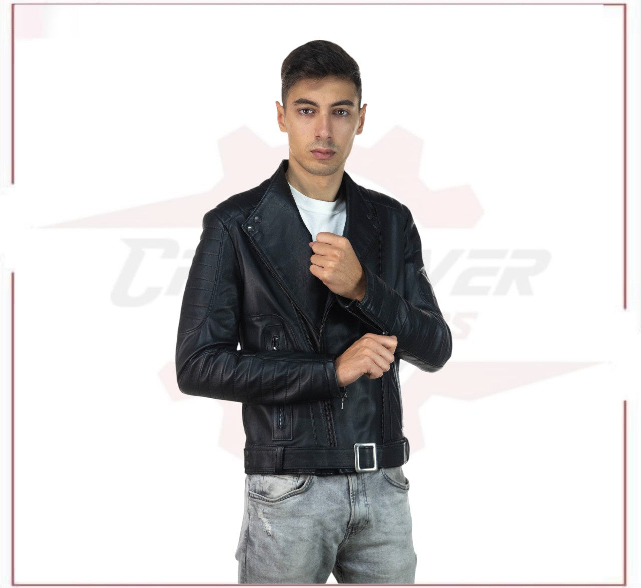 Men's Perfecto Jacket in Genuine Black Leather CROSSOVER RACEWEARS