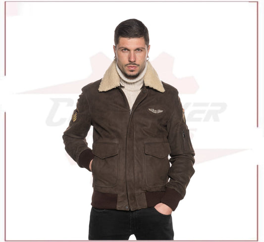Men's Bomber Jacket in Genuine Dark Brown Nabuk Leather with Shearling Collar CROSSOVER RACEWEARS