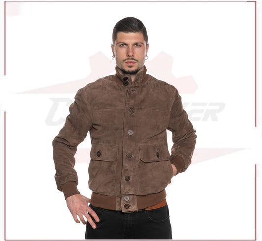 U03 Bis - Men's Bomber Jacket in Genuine Brown Suede Leather CROSSOVER RACEWEARS