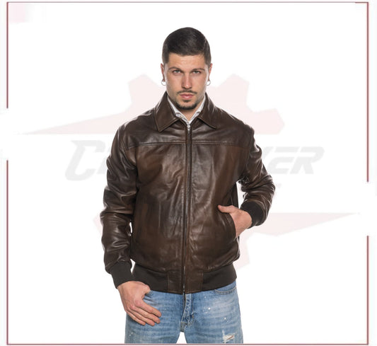 Fonzie - Men's Bomber Jacket in Genuine Dark Brown Leather CROSSOVER RACEWEARS