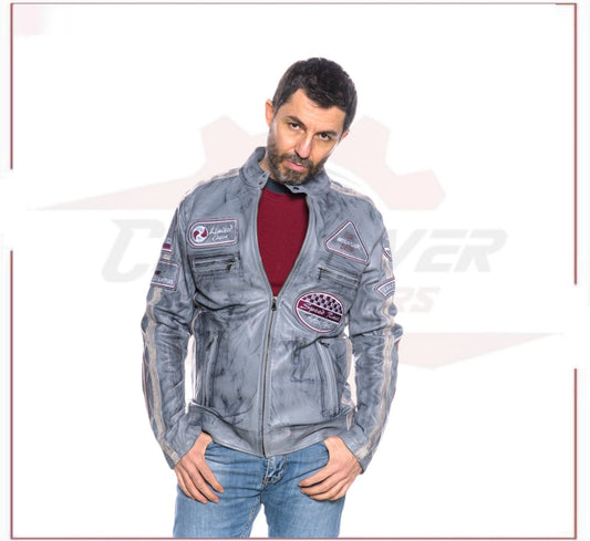New Biker Man's Jacket in genuine Gray Leather CROSSOVER RACEWEARS