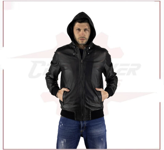 Men's Bomber Jacket in Genuine Black Leather CROSSOVER RACEWEARS