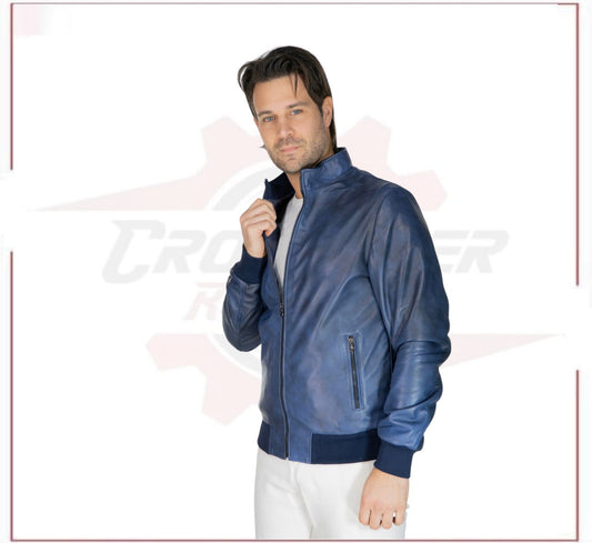 Victor - Men's Bomber in Genuine Blue Leather CROSSOVER RACEWEARS