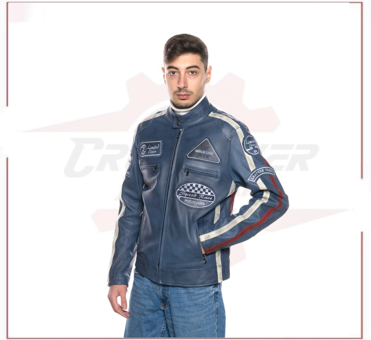 New Biker Man's Jacket in genuine Blue Leather CROSSOVER RACEWEARS
