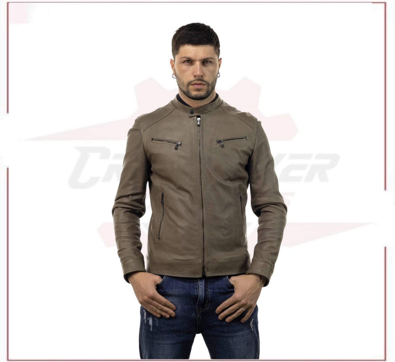 Men's Genuine Mud Colored Leather Jacket CROSSOVER RACEWEARS