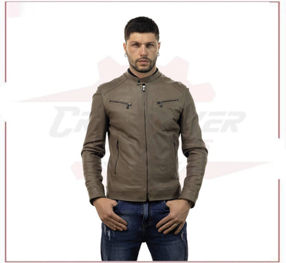 Men's Genuine Mud Colored Leather Jacket CROSSOVER RACEWEARS