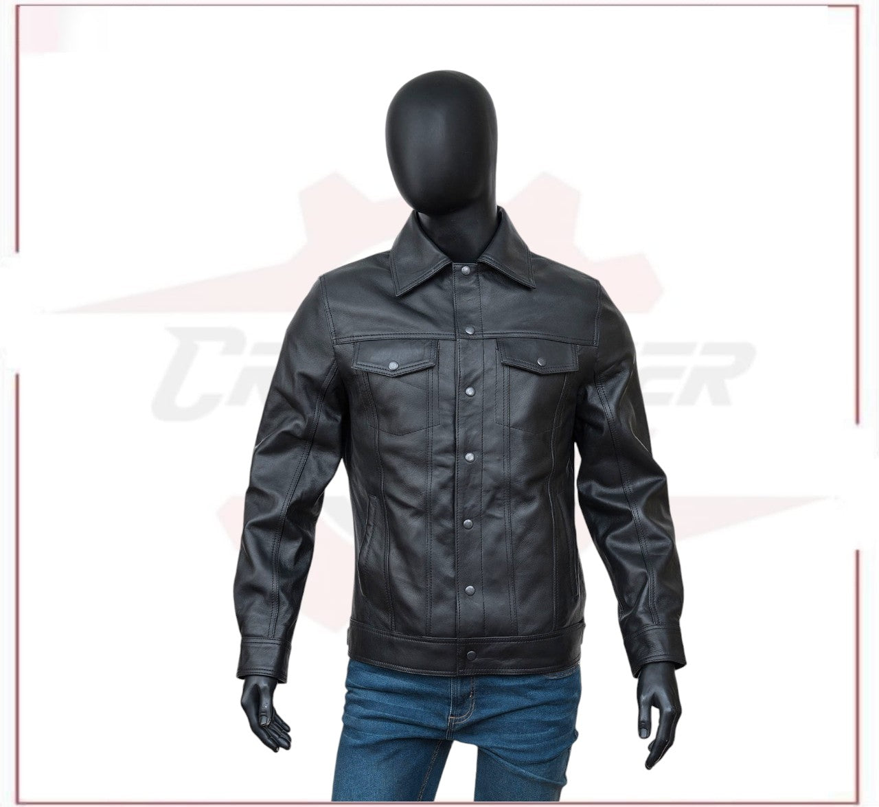 Men TurnDown Black Leather Jacket CROSSOVER RACEWEARS