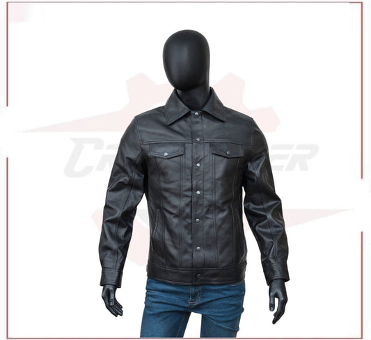 Men TurnDown Black Leather Jacket CROSSOVER RACEWEARS