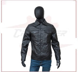 Men TurnDown Black Leather Jacket CROSSOVER RACEWEARS