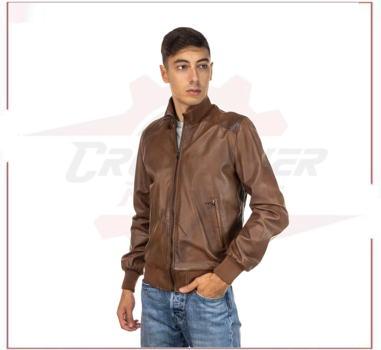 Men's Bomber - Men's Bomber Jacket in Genuine Brown Leather CROSSOVER RACEWEARS