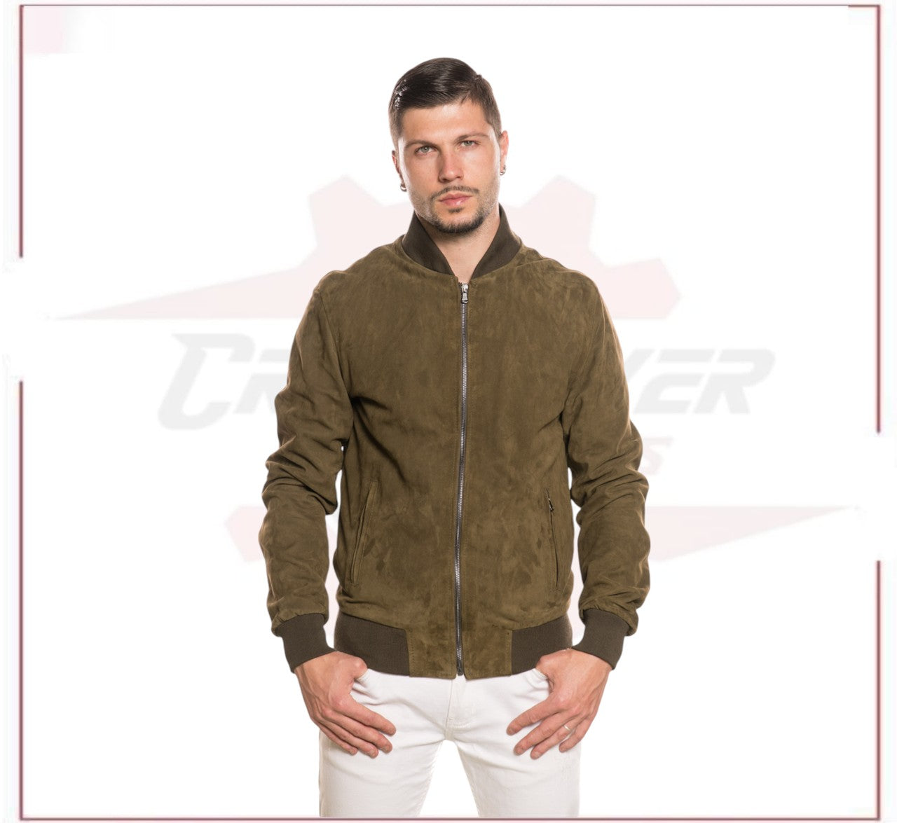 David - Men's Bomber Jacket in Genuine Light Green Suede Leather CROSSOVER RACEWEARS