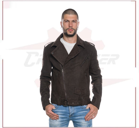 Men's jacket in Genuine Dark Brown Nubuck Leather CROSSOVER RACEWEARS