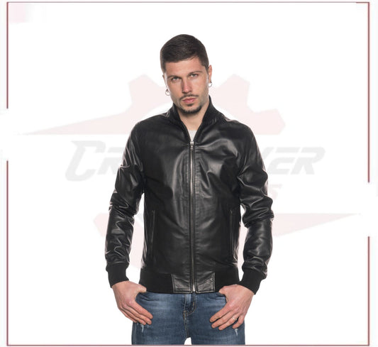 Men's Bomber Jacket in Genuine Black Leather CROSSOVER RACEWEARS