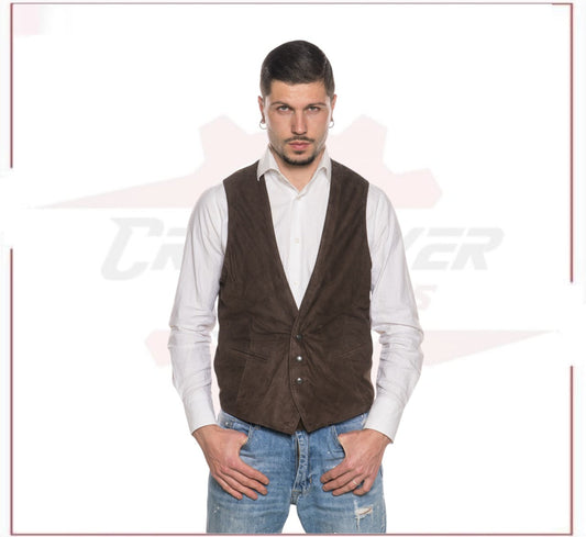Men's Vest in Genuine Dark Brown Suede Leather CROSSOVER RACEWEARS