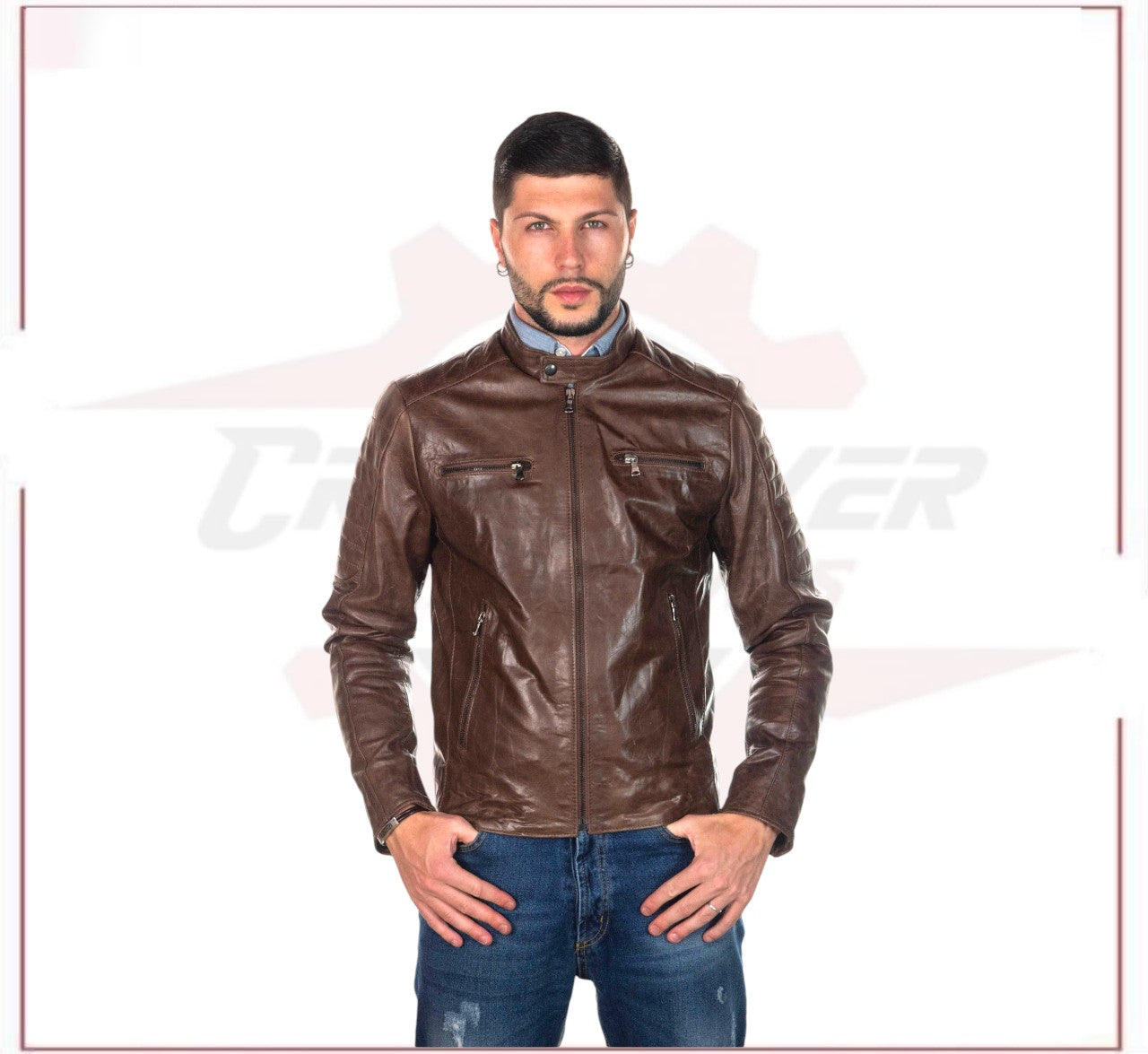 Men's Biker Jacket in Genuine Dark Brown Oil Vintage Leather CROSSOVER RACEWEARS