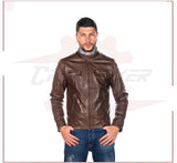 Men's Biker Jacket in Genuine Dark Brown Oil Vintage Leather CROSSOVER RACEWEARS
