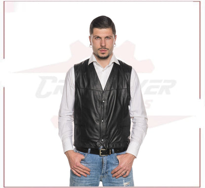 Gianni - Men's Vest in Genuine Black Leather CROSSOVER RACEWEARS