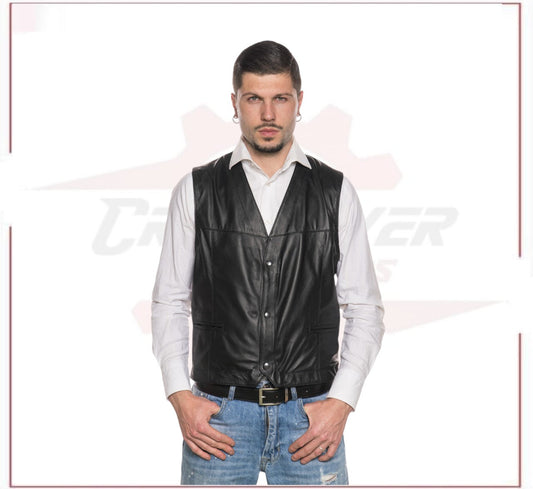 Gianni - Men's Vest in Genuine Black Leather CROSSOVER RACEWEARS