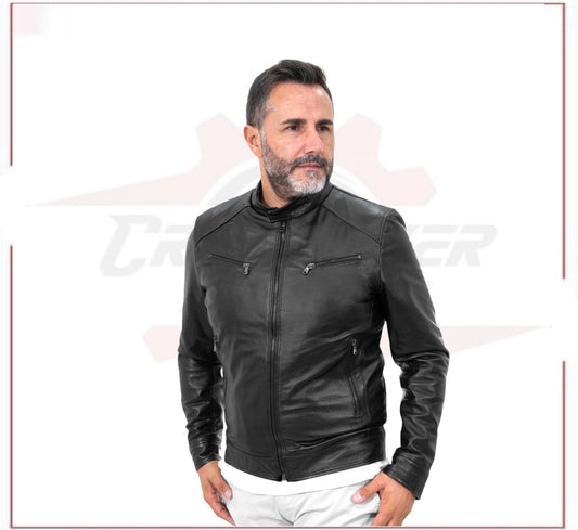 U06 - Men's Genuine Black Leather Jacket CROSSOVER RACEWEARS