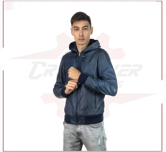 Bomber Napoli Cap - Men's Bomber Jacket in Genuine Blue Leather CROSSOVER RACEWEARS