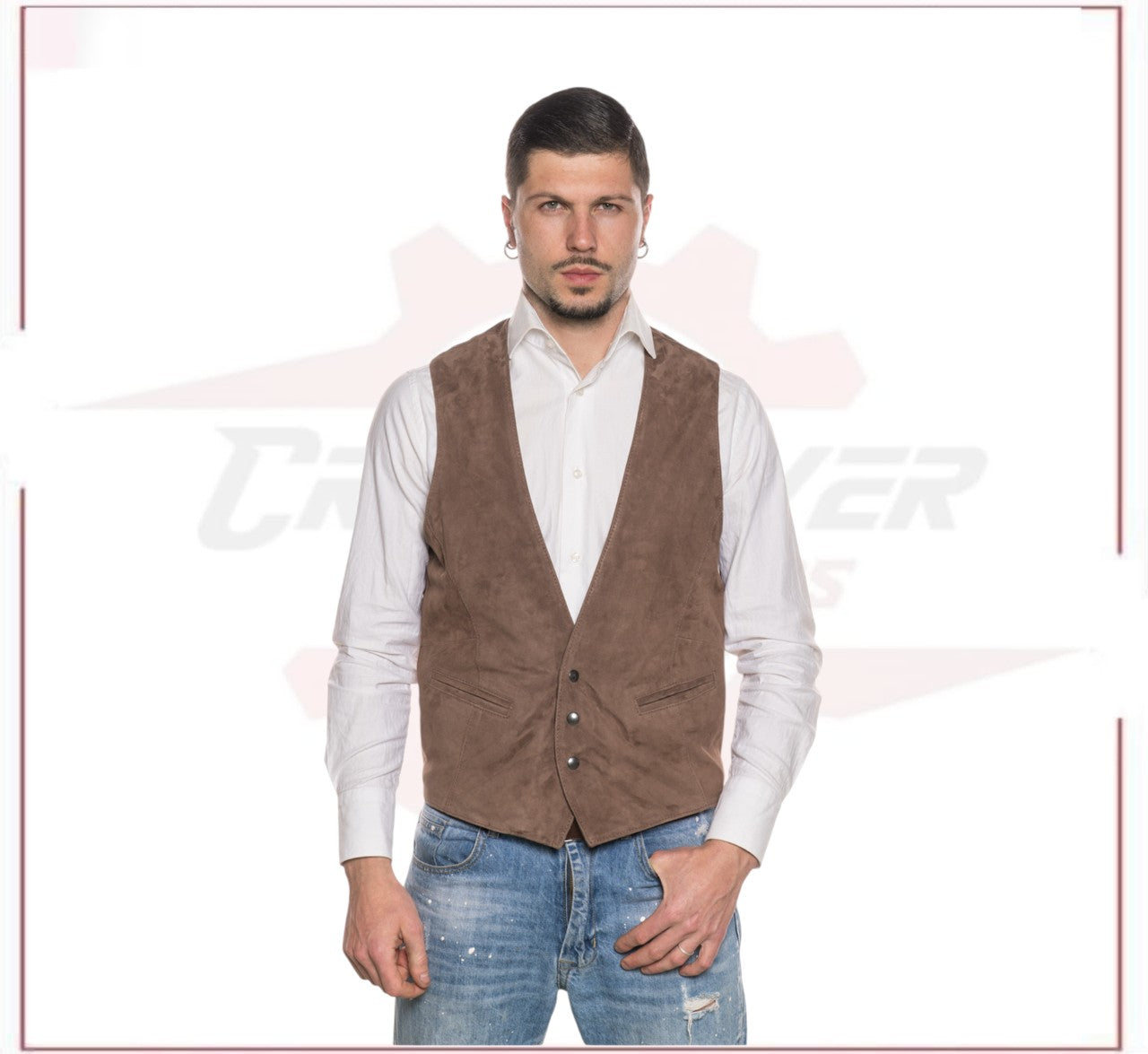Men's Vest in Genuine Cocoa Suede Leather CROSSOVER RACEWEARS