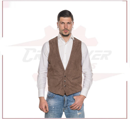 Men's Vest in Genuine Cocoa Suede Leather CROSSOVER RACEWEARS