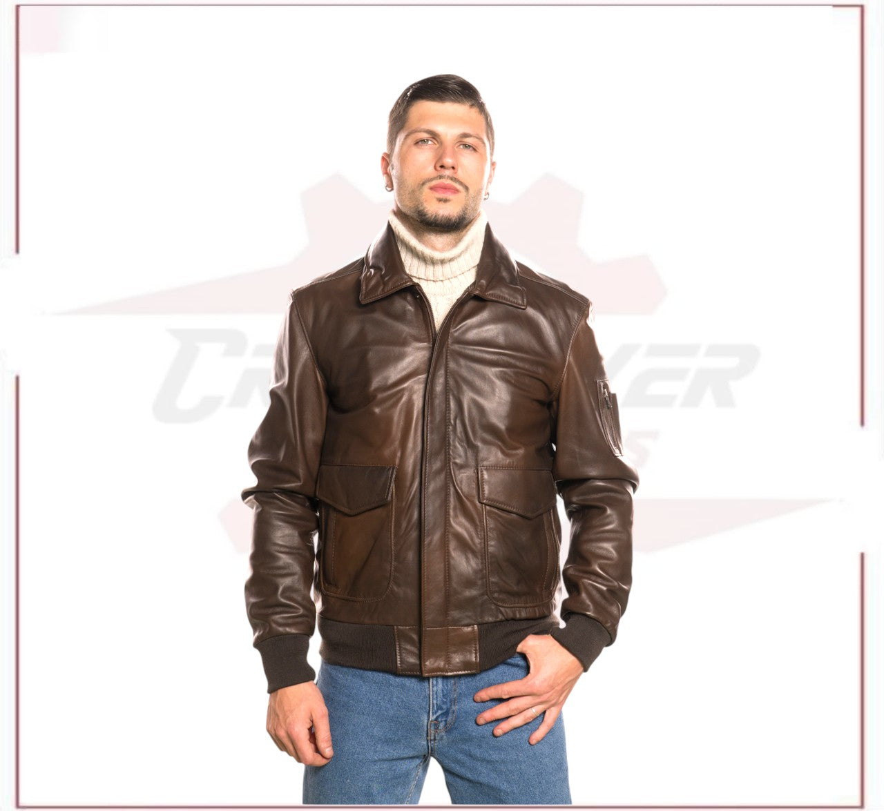 Men's Bomber Jacket in Genuine Dark Brown Leather CROSSOVER RACEWEARS