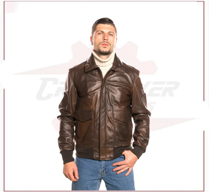 Men's Bomber Jacket in Genuine Dark Brown Leather CROSSOVER RACEWEARS