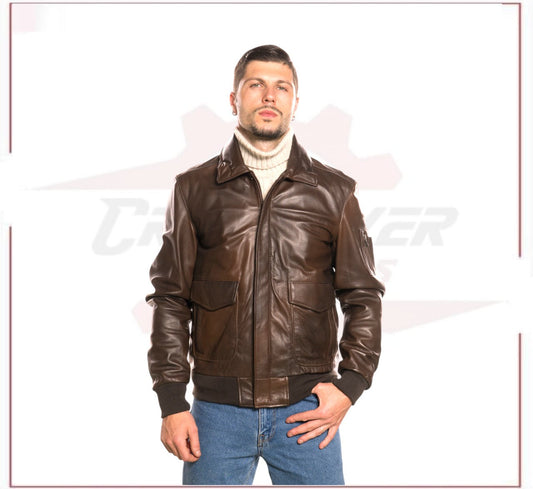 Men's Bomber Jacket in Genuine Dark Brown Leather CROSSOVER RACEWEARS
