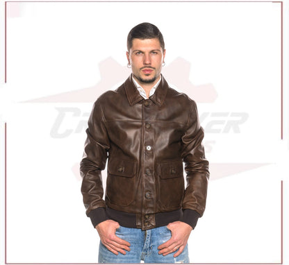 U03 - Men's Bomber Jacket in Genuine Dark Brown Leather CROSSOVER RACEWEARS