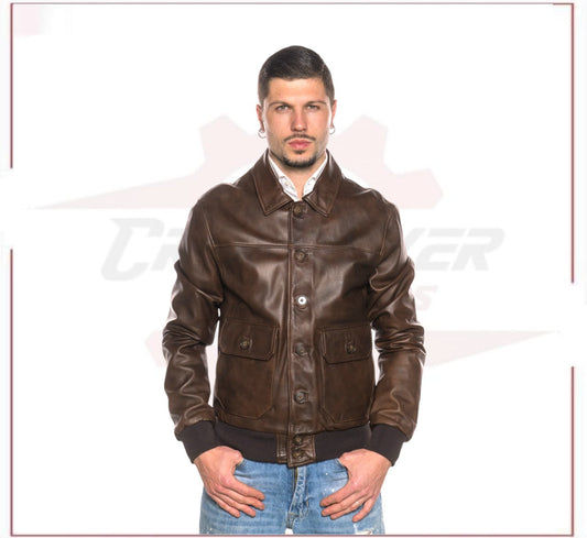 U03 - Men's Bomber Jacket in Genuine Dark Brown Leather CROSSOVER RACEWEARS