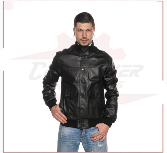 Black Bomber Jacket in real leather CROSSOVER RACEWEARS