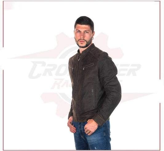 New Men's Jacket in Genuine Dark Brown Nabuk Leather CROSSOVER RACEWEARS