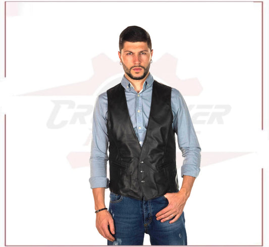 New Men's Vest in Genuine Black Leather CROSSOVER RACEWEARS