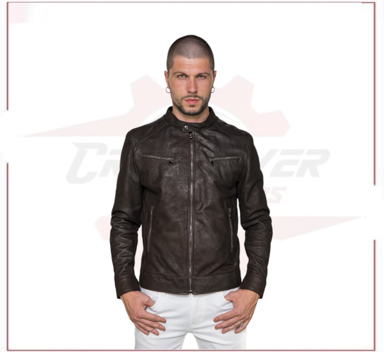 Men's Jacket in Genuine Dark Brown Nabuk Oil Leather CROSSOVER RACEWEARS