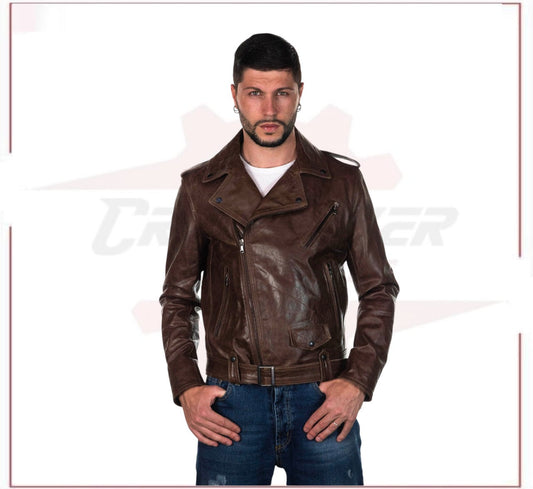 Men's Jacket in Genuine Dark Brown Oil Vintage Leather CROSSOVER RACEWEARS
