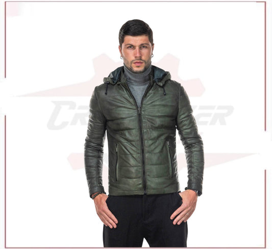 Berlino - Men's Down Jacket in Genuine Green Leather CROSSOVER RACEWEARS
