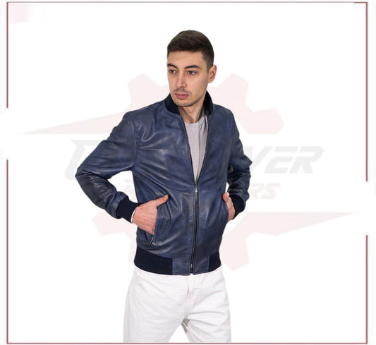 David - Men's Bomber Jacket Blue Genuine Leather Man CROSSOVER RACEWEARS
