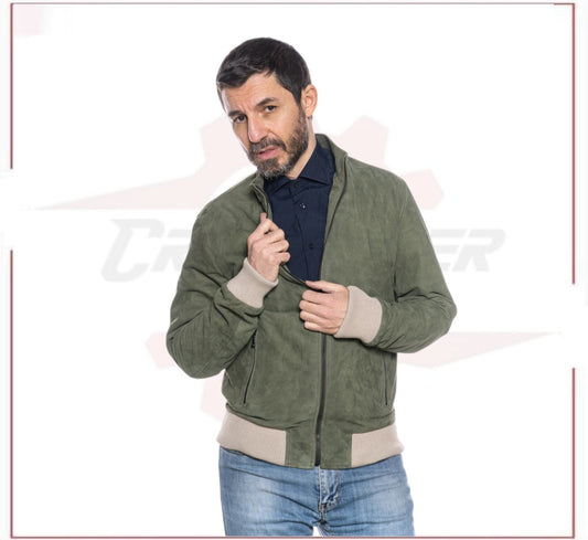 Victor - Men's Bomber Jacket in Genuine Green Suede Leather CROSSOVER RACEWEARS