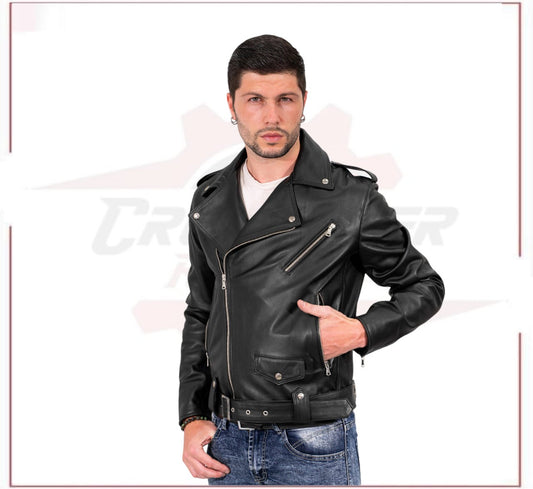 Men's jacket in Genuine Black Leather and Silver Zippers CROSSOVER RACEWEARS