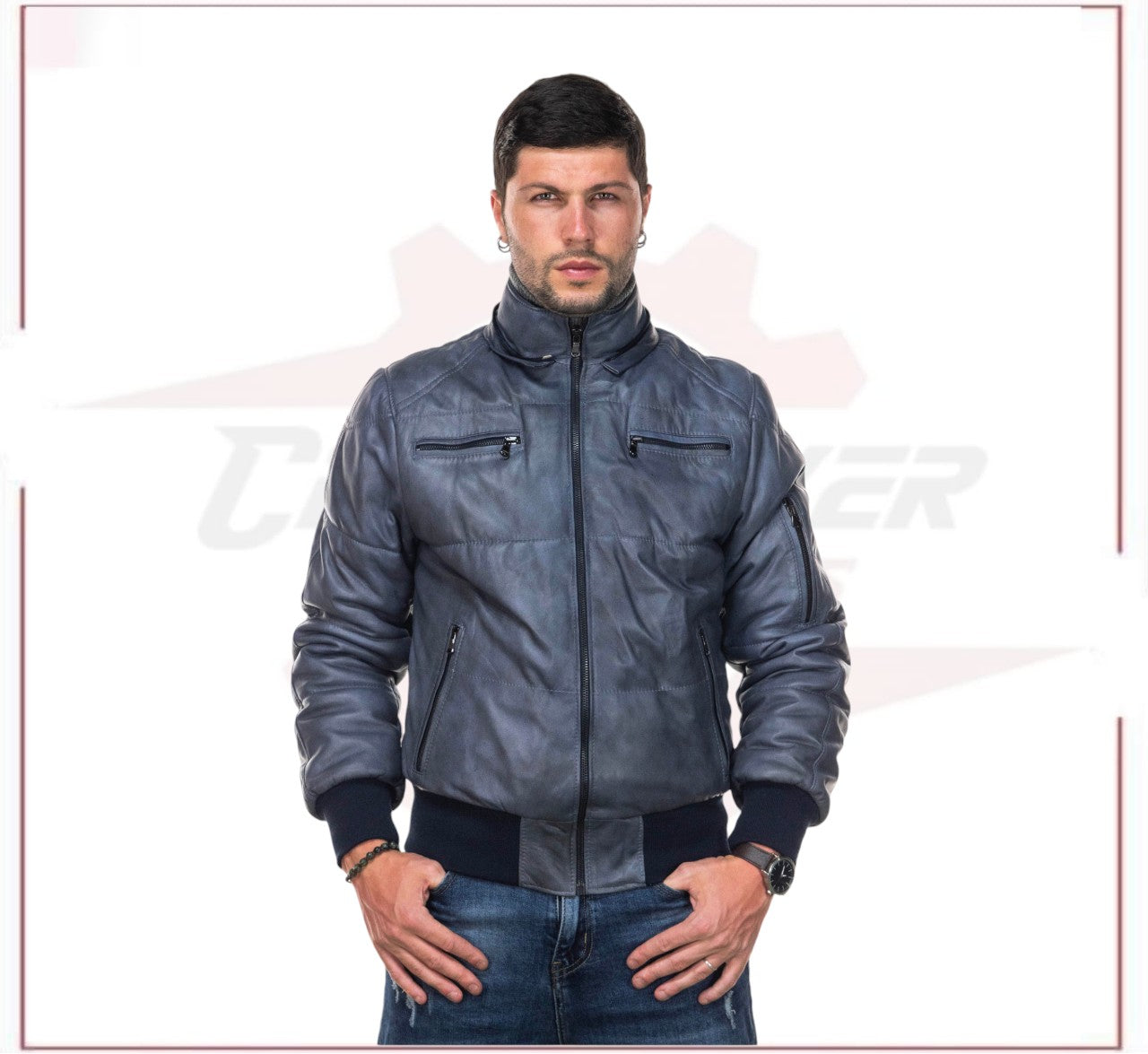 Boston - Men's Down Jacket in Genuine Blue Leather CROSSOVER RACEWEARS